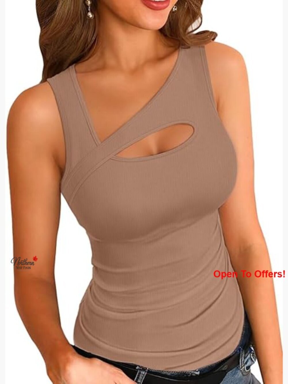 Ribbed Fabric Cutout Tank Top Slim Fitted Sleeveless Shirt